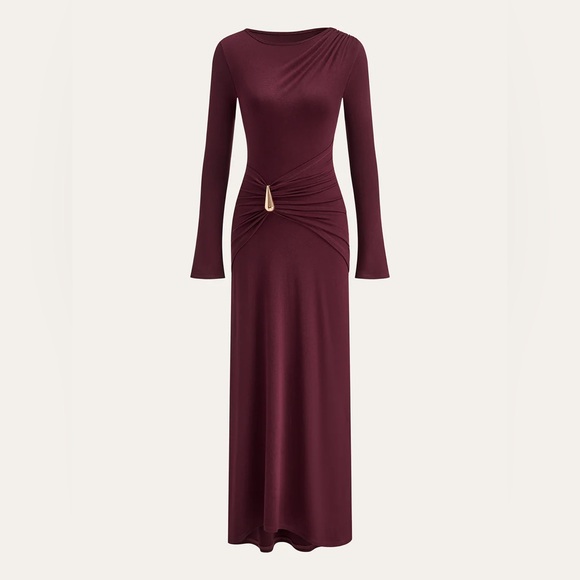 COMMENSE Metal Buckle Long Sleeve Ruched Maxi Dress - Picture 5 of 6